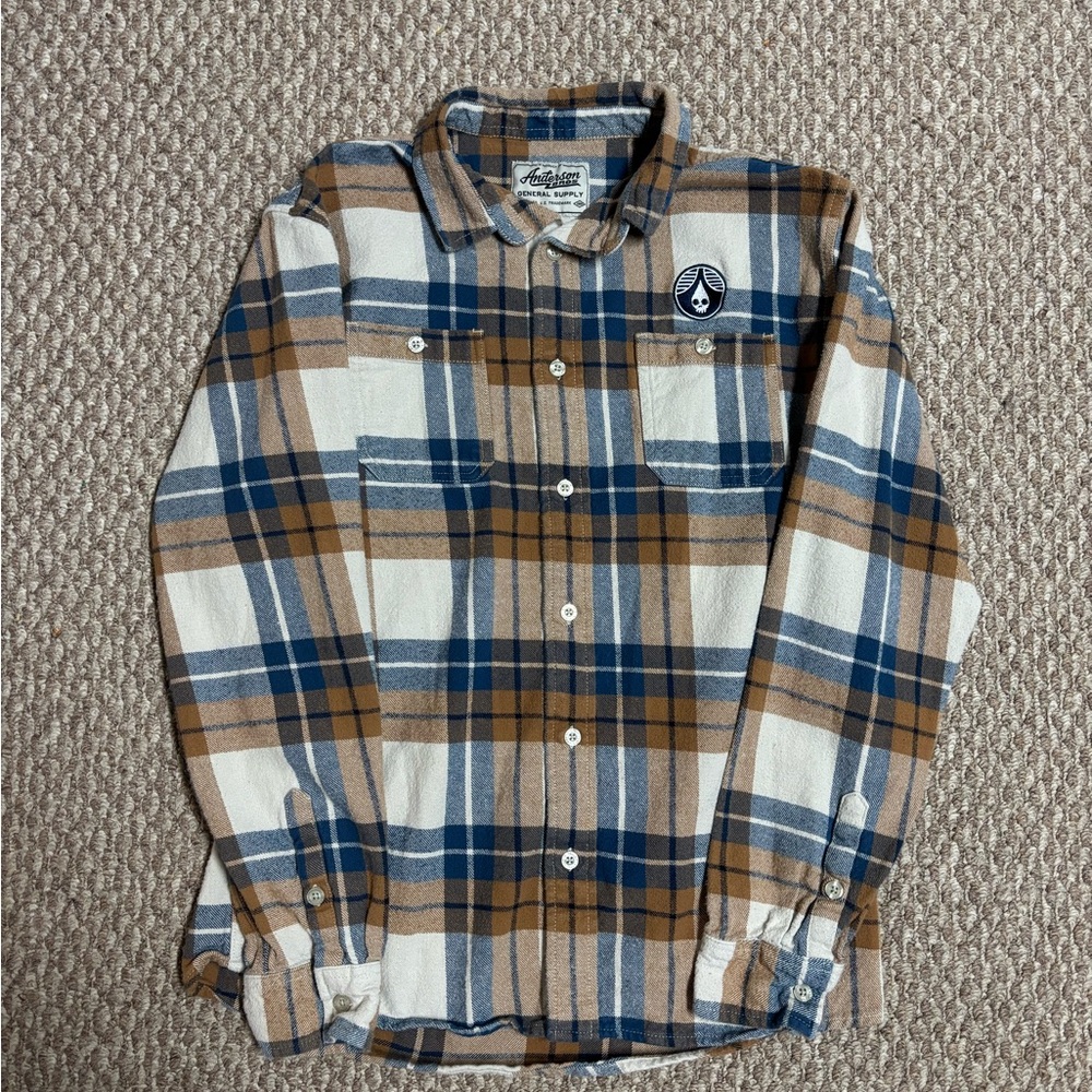 Rhinegeist Brewery Men's Blue and Tan Casual Plaid Flannel Button Down Shirt